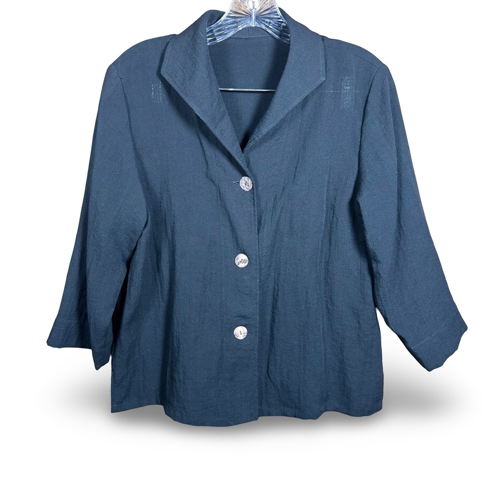 Fridaze Black 100% Linen Button Up Top Jacket Shirt Womens Medium Sheer M Blouse